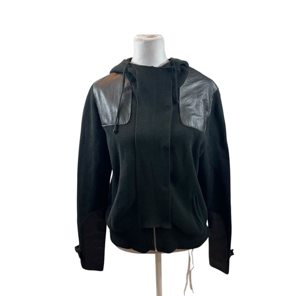 Olo Brand Ladies Hooded Black Zip Up Sweater with Genuine Leather‎ Details Large